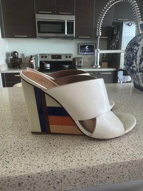 Tory Burch White Leather Wedge Mule with Colorblock Heel 9.5